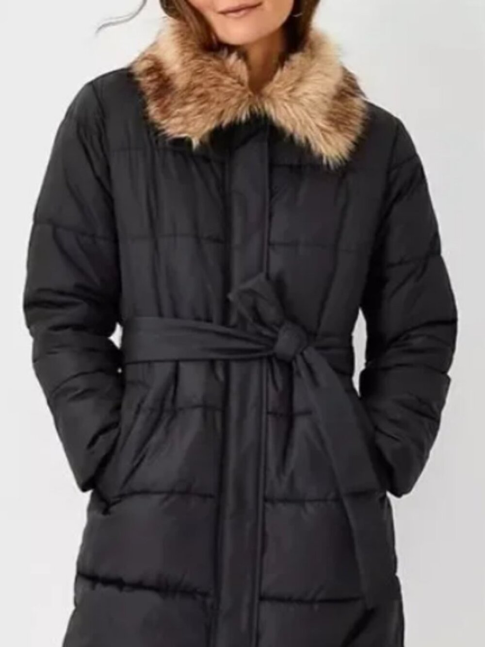 Ann Taylor Black Puffer Coat Faux Fur Collar Belted Mid Length